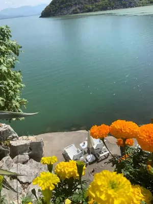 a view of a lake with chairs and flowers at Holiday home Raduš in Virpazar