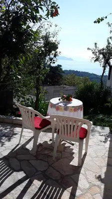 a table and two chairs sitting next to a table with a table at Apartments Jovanic with 2 bedrooms in Sutomore