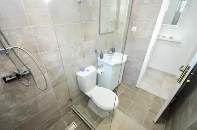 a bathroom with a toilet and a shower at Bay View Apartments in Kotor