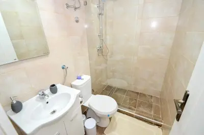 a bathroom with a toilet and a shower and a sink at Bay View Apartments in Kotor
