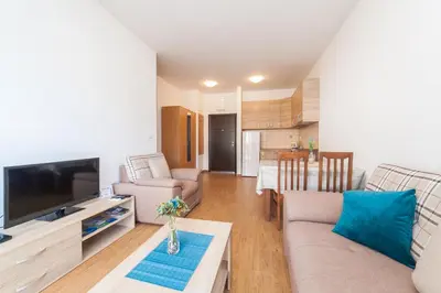 a living room with a couch and a tv at Welcome Apartments in Petrovac na Moru