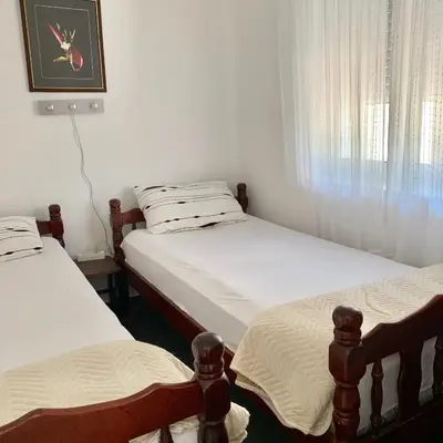 two twin beds in a room with a window at Apartments Ljiljana in Bar