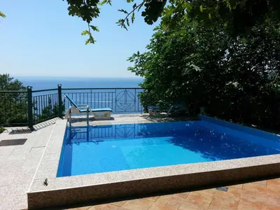 a swimming pool with a view of the ocean at Apartment Sofia in Sutomore