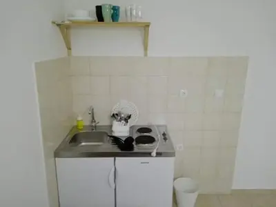 a small kitchen with a sink and a stove at Apartmani Vukmanovic in Čanj
