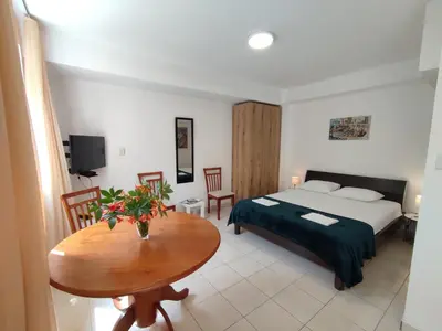 a hotel room with a bed and a table with a table at Studio Apartman Radimir in Kotor