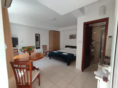 a room with a bed and a table and a bed and a bedroom at Studio Apartman Radimir in Kotor