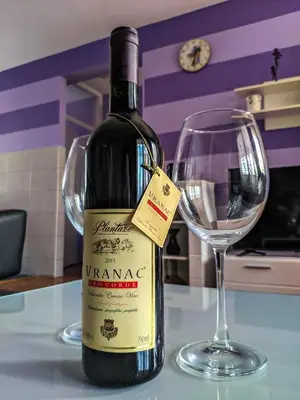 a bottle of wine sitting next to a wine glass at Apartment Branka in Budva