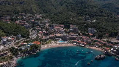 an aerial view of a beach in a resort at Apartments My Przno in Sveti Stefan