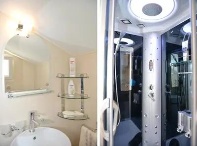 two pictures of a bathroom with a shower and a sink at Sunshine of Montenegro - Family Oasis in Kotor