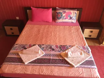 a bed with two pillows and a pink pillow at Villa Coast of Montenegro in Bar