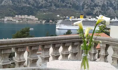 a vase of flowers sitting on a table with a cruise ship at Apartment Ivan in Kotor