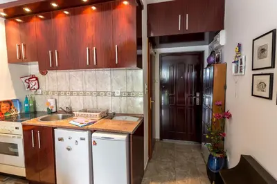 a kitchen with wooden cabinets and a white refrigerator at Apartment Natasha in Budva