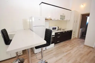 a kitchen with a white refrigerator and black cabinets at Apartmani Mizdrak in Kotor