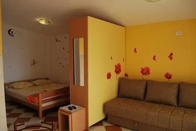 a living room with a bed and a couch at Apartments Stevanović in Dobra Voda
