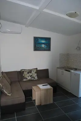 a living room with a couch and a coffee table at Apartments Stevanović in Dobra Voda