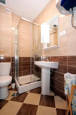 a bathroom with a shower and a sink and a toilet at Apartments Residence Dj in Petrovac na Moru