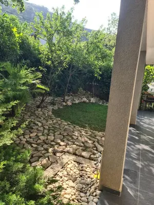 a stone walkway leading to a garden with trees and bushes at Villa Nadija in Čanj