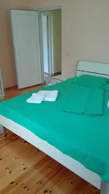 a green bed in a room with a wooden floor at Villa Nadija in Čanj