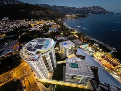 an aerial view of a city with the ocean at Luxury Apartment Valentina in Budva