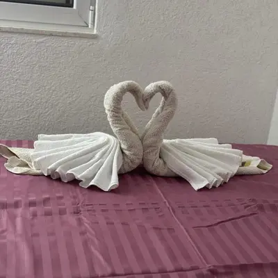 two towel swans making a heart on a bed at Apartman Aleksandar in Ulcinj