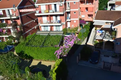 an aerial view of a city with buildings and flowers at Apartment Talas in Budva