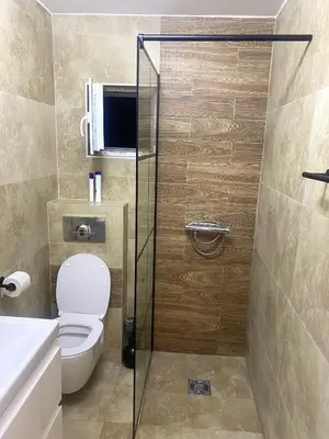 a bathroom with a toilet and a glass shower door at Apartment Talas in Budva