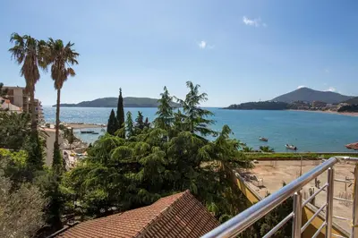 a view of a beach with palm trees and the ocean at Apartments Lumiere in Rafailovici