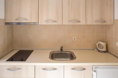 a kitchen with a sink and a counter top at Apartments Lumiere in Rafailovici
