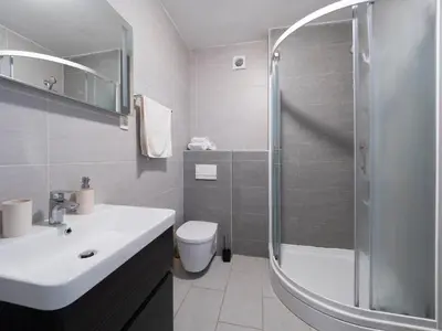 a bathroom with a shower and a sink and a toilet at Family Three bedroom Apartment Brando in Budva