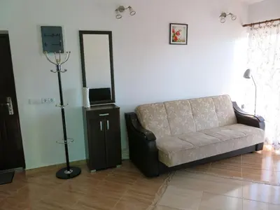 a living room with a couch and a television at Apartments Victoriya in Sutomore