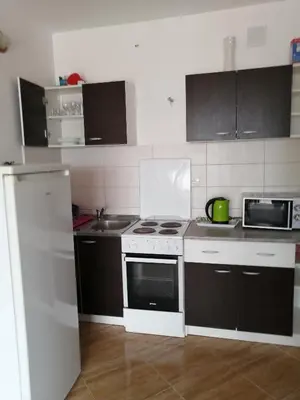 a kitchen with a stove and a sink in it at Apartments Victoriya in Sutomore
