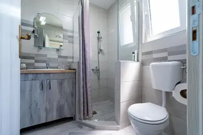 a bathroom with a shower and a toilet and a sink at Apartments Gruda in Cetinje