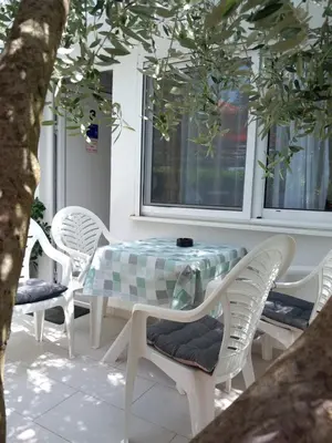 a table and chairs on a patio with a tree at Apartments Doha in Ulcinj