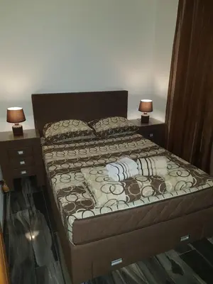 a bed in a bedroom with two lamps on tables at Apartman Jovicevic Pavle in Rijeka Crnojevića