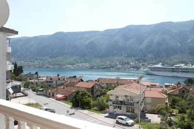 a view of a city with a cruise ship in the water at Apartment Golubović Kotor in Kotor
