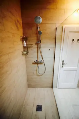 a shower in a room with a wooden wall at Villa Mima in Kotor