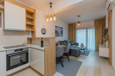 a kitchen and a living room with a couch at Vujanović Apartments in Sveti Stefan