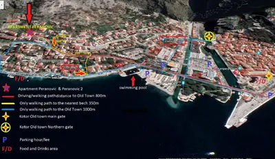a map of a city with a red arrow at Apartments Peranovic 2 in Kotor