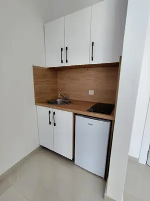 a small kitchen with white cabinets and a sink at Guest House AGA in Ulcinj