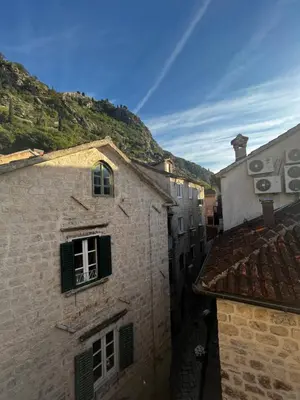 an overhead view of an alley with buildings and mountains at Athos Guesthouse in Kotor
