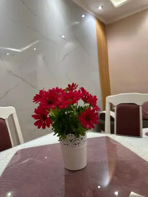 a vase filled with red flowers sitting on a table at Milas Trojica Kotor in Kotor