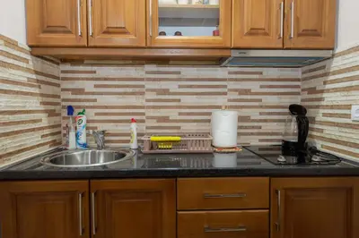 a kitchen with a sink and a counter top at Milas Trojica Kotor in Kotor