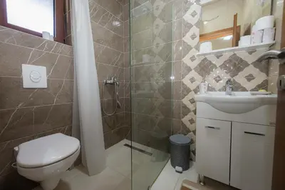 a bathroom with a shower and a toilet and a sink at Milas Trojica Kotor in Kotor