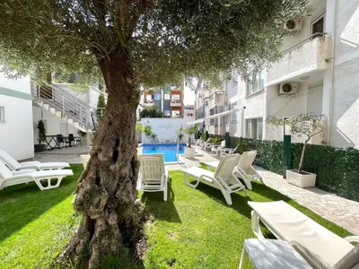 a yard with chairs and a tree and a pool at Apartments Pribilovic in Budva