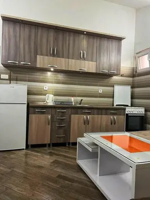 a kitchen with wooden cabinets and a white refrigerator at Apartmani Jankovic in Budva