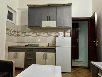 a kitchen with a white refrigerator and wooden cabinets at Apartmani Jankovic in Budva