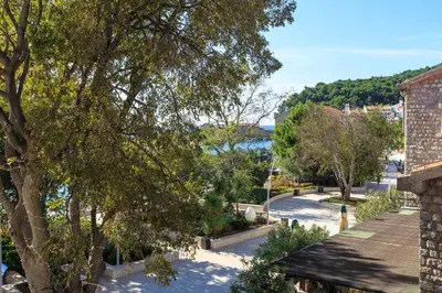 a view of a street with trees and the water at De Lux Apartments in Petrovac na Moru