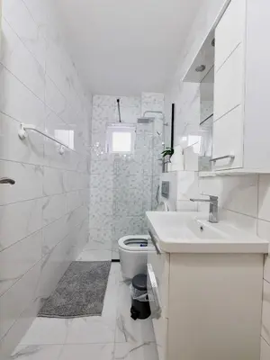 a white bathroom with a sink and a toilet at Apartmani Hortenzija in Budva