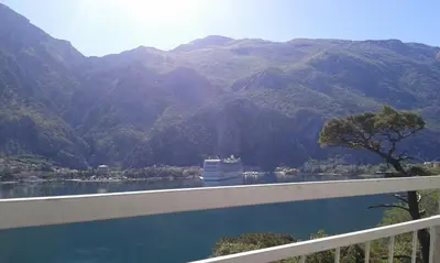 a boat on a river with mountains in the background at Apartment Sasha in Kotor