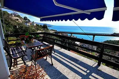 a balcony with a table and chairs and an umbrella at Villa Blue Dreams in Bar